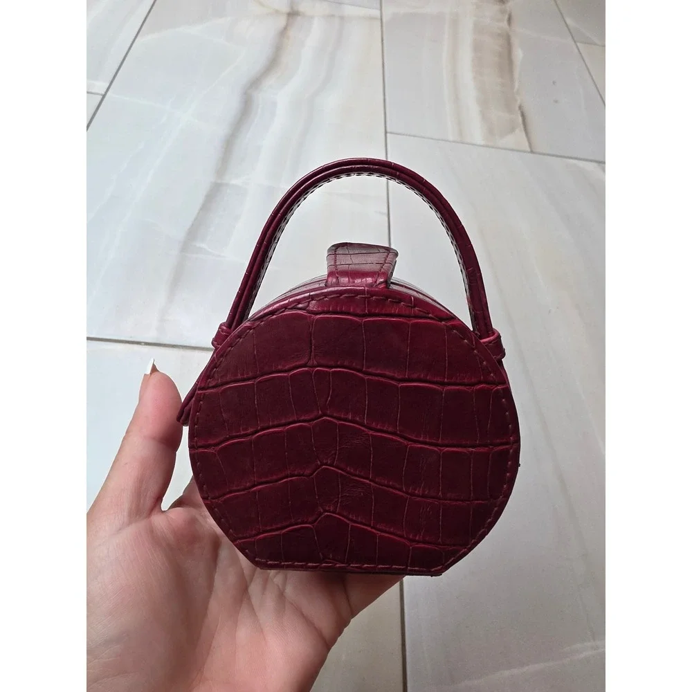 Vintage Burgundy Croc‎ Embossed Round Jewelry Travel Case with Mirror A5